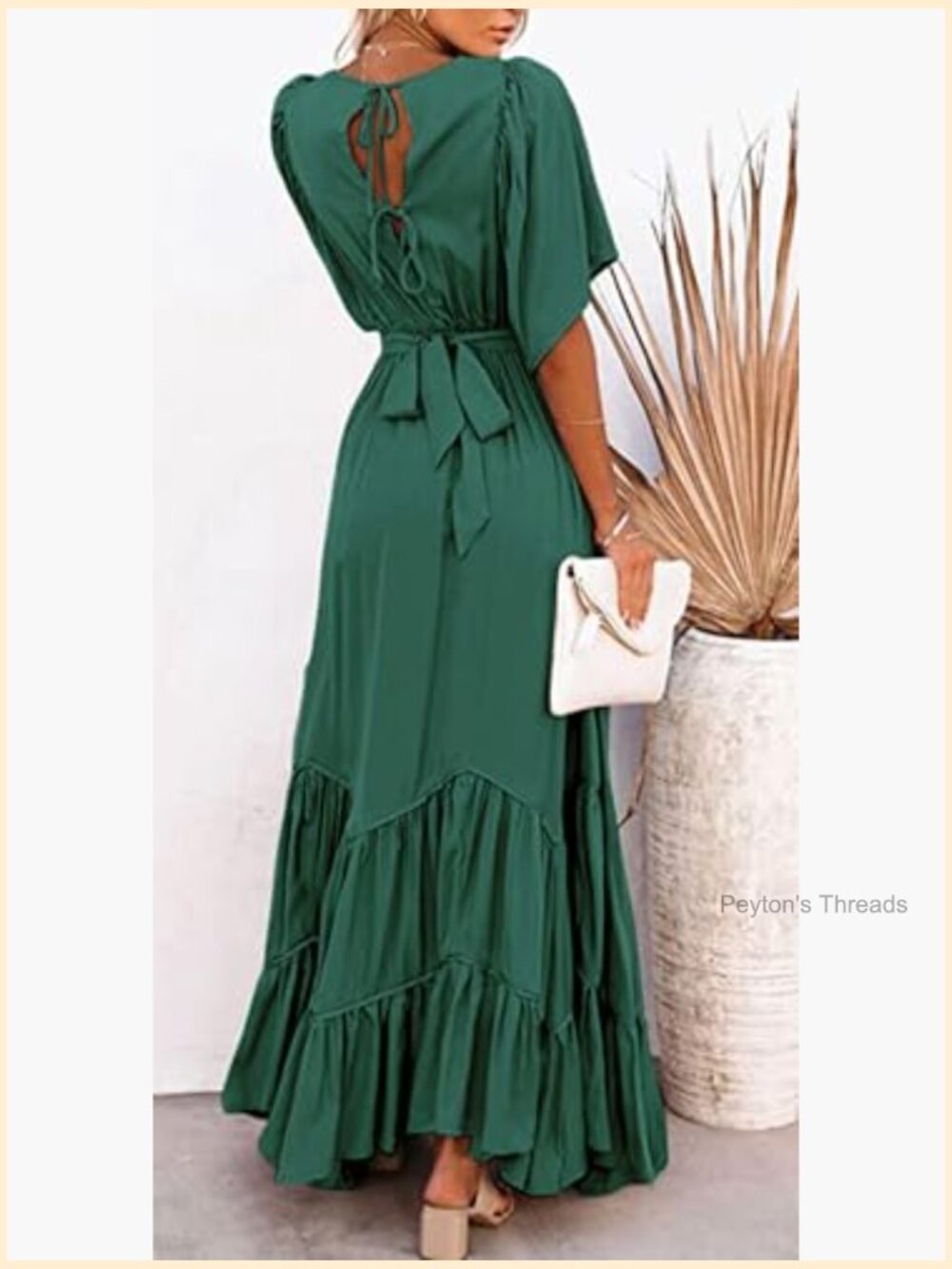 Women's Boho Ruffle Sleeve Flowy Maxi Dress Lace Up Back Tiered A Line Dress - Picture 3 of 6